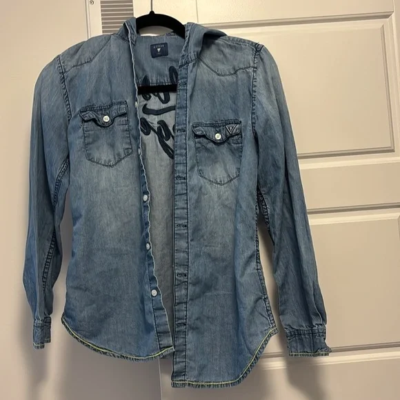 Guess Blue Denim Hooded Shirt Sz S - Picture 7 of 13